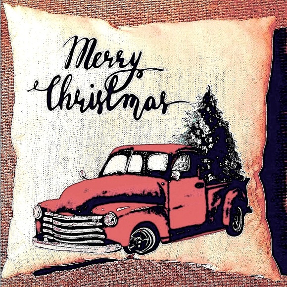 MERRY CHRISTMAS PILLOW RED PICKUP TRUCK REVERSE’S to SAME DESIGN  NEW  XMAS TREE - Picture 1 of 1